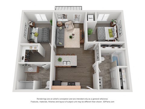 Floor plan for 2 beds, 2 baths, 889 sqft